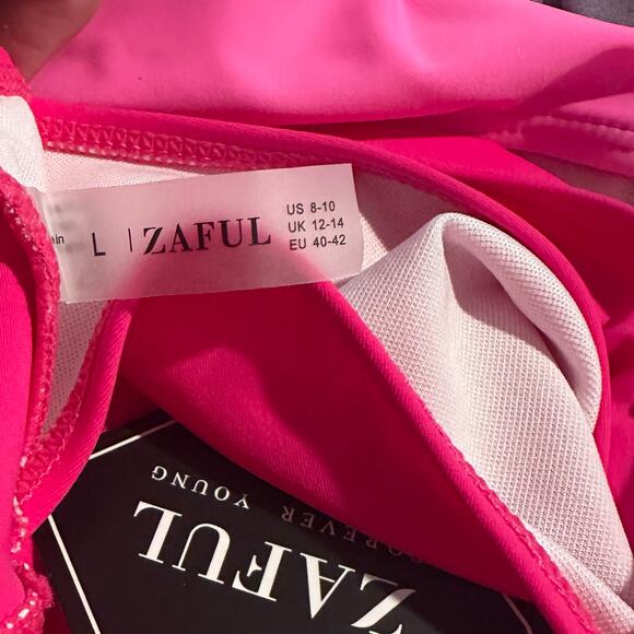 Zaful Pink One Shoulder Bikini Set Bow Tie Top High Waist Bottoms Woman’s Large - Picture 3 of 6